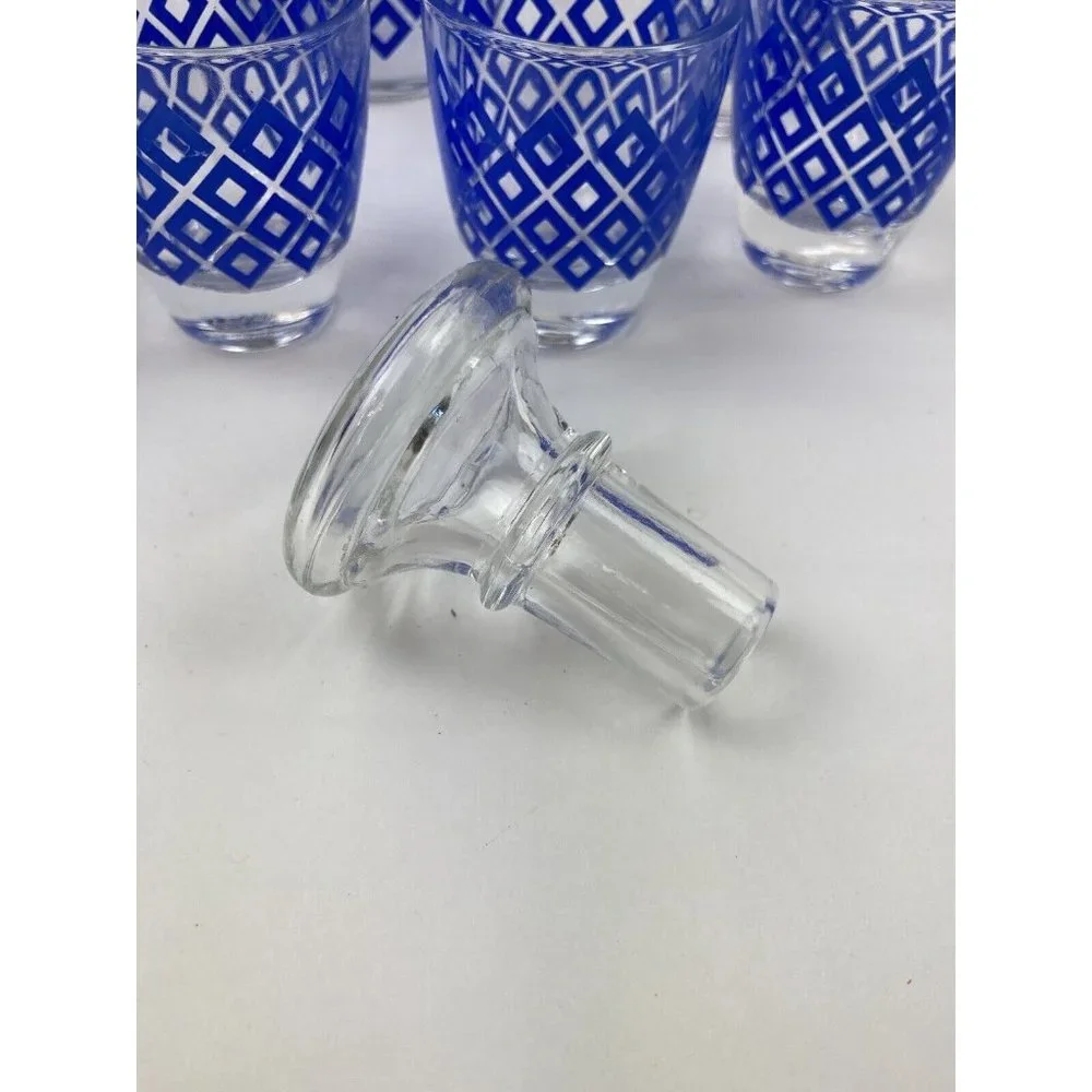 French Liquor Wine Decanter & 6 Shot Glasses Blue Diamond Pattern Barware Bar